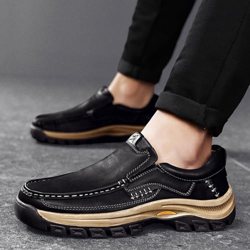 Men's Leather Breathable Handmade Stitching Details Casual Loafers Lightweight Comfortable Round Toe Slip On Non Slip Soft Sole Outdoor Cushioning Shoes Walking Dress Shoes 7