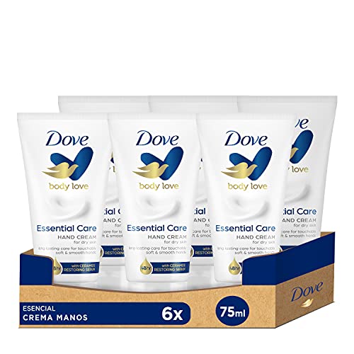 Dove Crema Hidratante de manos Nutrición Esencial que hidrata y cuida la piel 75ml, Pack de 6 Unidades