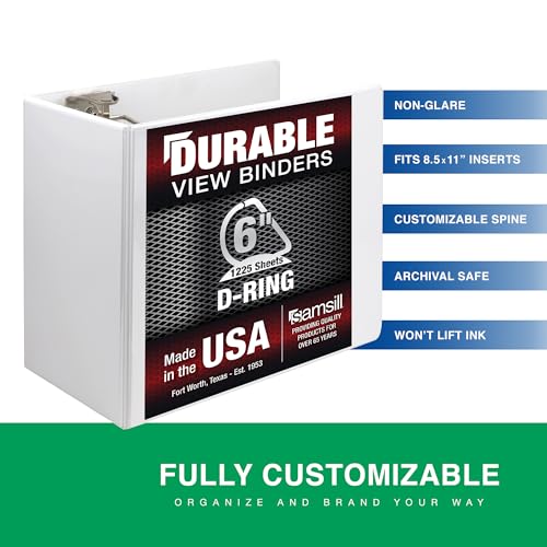 Samsill Durable 6 Inch Binder, Made in The USA, Locking D Ring Binder, Customizable Clear View Cover, Pearl White, Holds 1225 Pages