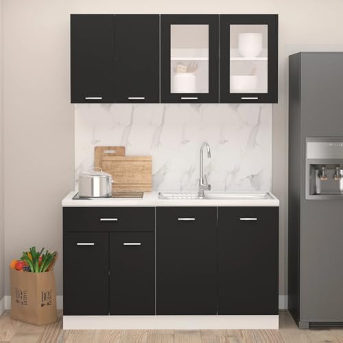 Gecheer 4-TLG. Angolo cottura Lione Nero Legno Armadio da cucina Angolo cottura Mobili da cucina