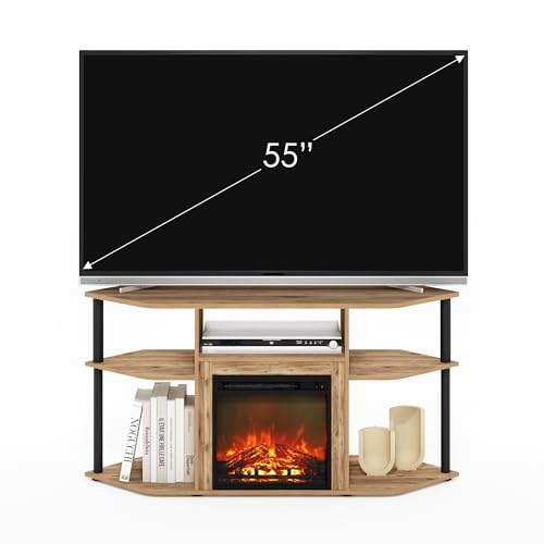 Image of Furinno Jensen Fireplace TV Stand, Corner Entertainment Center, TV Console for TV up to 55 Inch with Fireplace, Plastic Poles and Open Storage, for Living Room, Bedroom, Flagstaff Oak