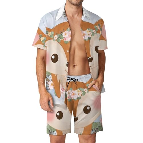 Chemise Hawaïenne Homme Ensemble Imprimé Renard Fleuri Mignon Complet Plage Été S