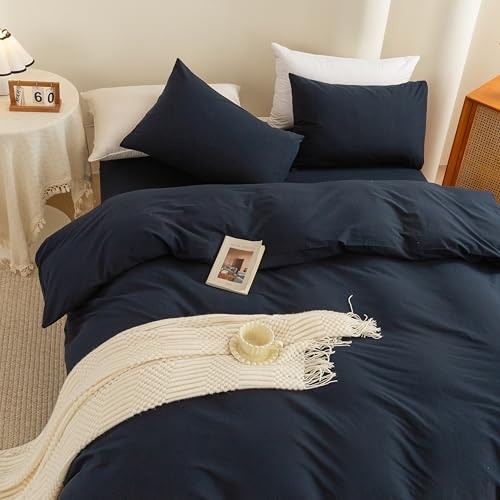 Image of ECOCOTT Navy Blue Duvet Cover Super Queen Size - 100% Washed Cotton Durable Soft Comfy Bedding Set, 3 Pieces Duvet Cover with Zipper Closure (Navy Blue, 98''x90'')
