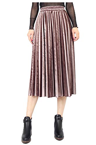 CHARTOU Women's Stretchy High Waist Pleated Velvet Metallic Accordion A-Line Midi Skirt (X-Large, Coffee)