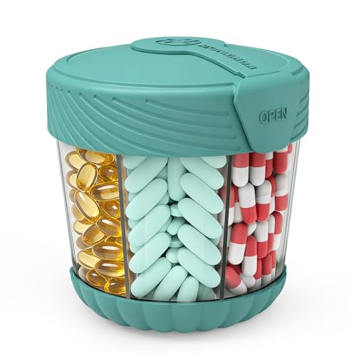 HIONXMGA Large Pill Dispenser Portable Pill Bottle Organizer for 7 Vitamins Anti-Mix Supplement Organizer with Easy Twist Wide Opening BPA-Free Pill Container 20 Pcs Labels Included Cyan