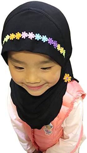 CRIZAN Muslim Islam Crystal Headscarf Hijabs Cap for Women Girl Cotton Long Scarf Wrap … (Girls Flower Black)