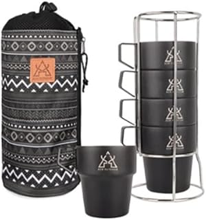 KM Camping stainless steel Cup 300ml Ultralight Water Tea Coffee Mug 5P Set with Pouch Portable Foldable Handle Backpacking Hiking Picnic Outdoor Black
