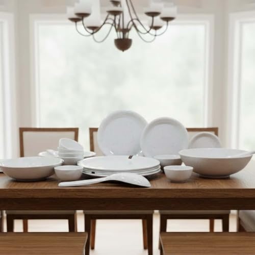 Image of Go Hooked 22-Piece Melamine Dinner Set | Speckled White Crockery with 6 Full Plates, 6 Quarter Plates, 6 Soup Bowls, 1 Large & 2 Small Serving Bowls + Serving Spoon | Break-Resistant & Keeps Food Warm