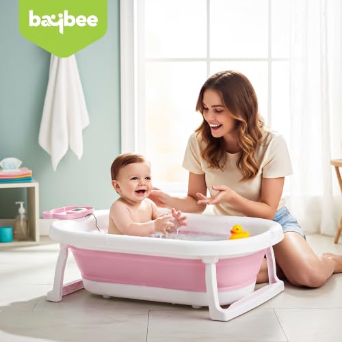 Image of Baybee Tubby Bath Tub for Baby 0-5 Years, Foldable Baby Bathtub for Kids with Anti Skid Base & Drainer, Space Saving Design, Newborn Baby Bathing Tub for Girls & Boys with Temperature Meter (Pink)
