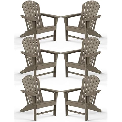 Farmhouse Adirondack Chair Set of 6, Poly Lumber Patio Chairs, Pre-Assembled Weather Resistant Outdoor Chairs for Pool, Deck, Backyard, Garden, Fire Pit Seating, Weather Wood Cover