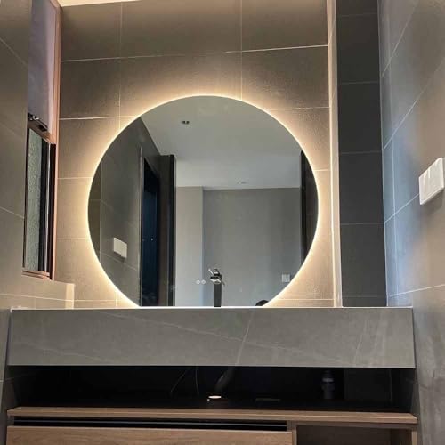 Okrągłe lustro łazienkowe z podświetleniem LED, 80/90 cm, przeciwmgielne, inteligentne lusterko kosmetyczne z przyciemnianym oświetleniem, nowoczesny łukowy design do luksusowej dekoracji domu