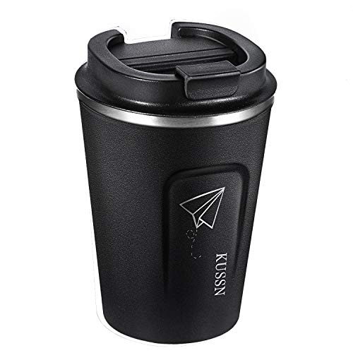 KUSSN taza termo taza aislada taza de café para llevar - 350 ml 100% a prueba de fugas - taza para beber aislamiento de doble pared de acero inoxidable - taza de viaje - taza de viaje sin BPA (negro)