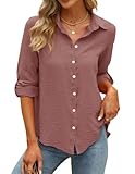 Blusen & Tuniken für Damen, Elegant V Ausschnitt Langarm Pullover Outfits Oberteile Longshirt Sexy Button-Down Musselin Büro Hemdbluse Oberteil Bluse Shirts Bekleidung(Dunkelrosa,Small)