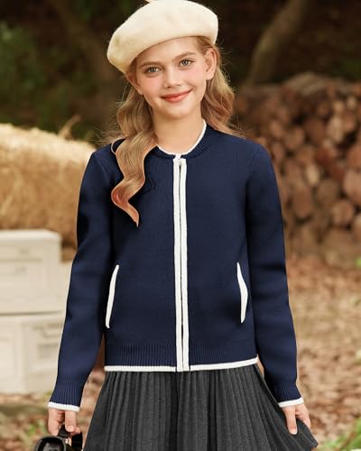GRACE KARIN Girls Cardigan Knit Zip Uniform Sweater School Winter with Pockets 6-14Y3