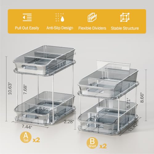 Image of Delamu 2-Tier Under Sink Organizers and Storage, Multi-Purpose Stackable Bathroom Cabinet organizers, Pull Out Kitchen Pantry Organization and Storage with Dividers(4 Pack, Grey)