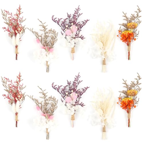 10PCS Mini Boho Dried Flower Bouquet Dried Flowers Small Bouquets Mini Natural Real Plants for Wedding Table Centerpieces Gift Box Cake Bottle Decor Home Vase Decorations DIY Craft (Billy ball)