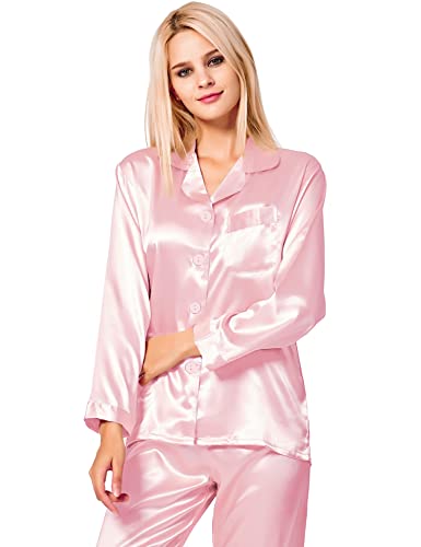 Image of SWOMOG Long Sleeve Pajamas Set Silk Satin Sleepwear Button Down Pjs Loungewear with Pocket