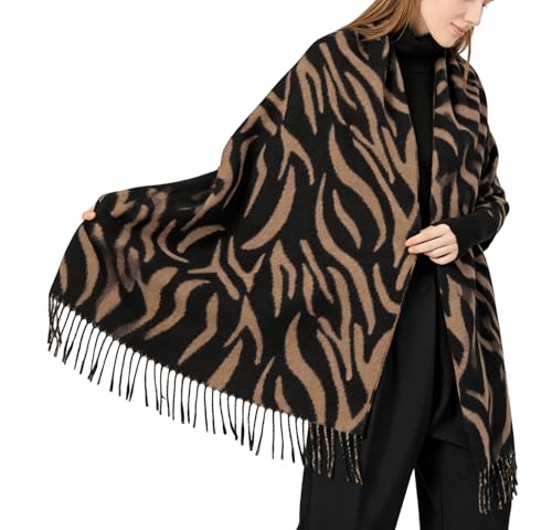 OVOY Women Fashion Cashmere Feel Winter Scarf, Zebra Soft Long Double-sided Style Tassels Oversize Warm Shawl Scarves Wraps