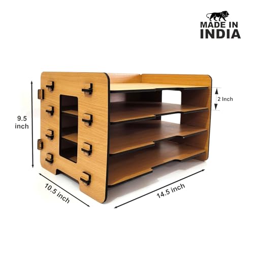 Image of Office File Tray - A4 Desk Tidy Organiser | 4-Tier Document, Paper & Letter Tray | Multipurpose Desk Storage Rack for Home & Office (Bavarian Beech)