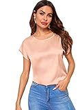 Milumia Women Casual Crewneck Short Sleeve Satin Blouse Batwing Sleeve Solid Top Baby Pink Large