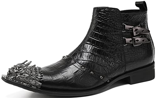 Santimon Men's Chelsea Boots - Genuine Leather Western Ankle Boots with Metal Wingtip-Toe, Zipper & Buckles - Dress & Casual Boots for Party, Disco, Wedding, Prom & Singer2