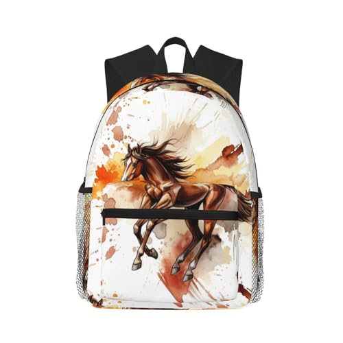 Durable Polyester Rucksack for Traveling & Camping Backpack Men Women, Wild Black Animal Watercolor Horse Painting Bags, Large Capacity Multipurpose Anti-Theft Bookbag Waterproof