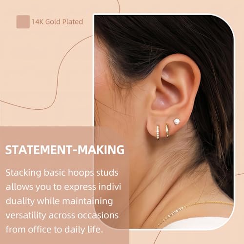 Small Gold Hoop Earrings Set for Women: Diamond-Shine Cubic Zirconia Stud Earrings - 14K Gold Plated Hypoallergenic Non-Tarnish, Stack Mini Cute Trendy Statement Earrings Gift (3 Pairs)3