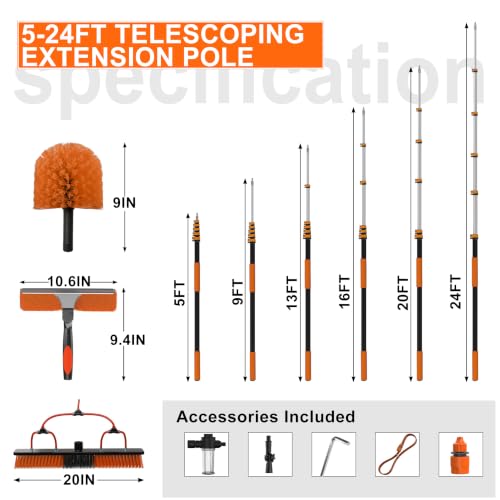 Image of Buyplus 30FT Reach Solar Panel Cleaning Brush Kit with 5-24FT Telescoping Pole, Water Fed Window Cleaner Tool with 20 inch Brush, Soap Dispenser, Cobweb Duster, Squeegee for Roof, RV, Gutter, Deck,Orange