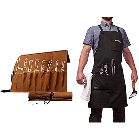 Hudson Durable Goods - Professional Chef Apron 100% Cotton and Waxed Canvas 8 Pocket Knife Roll Bundle Cover