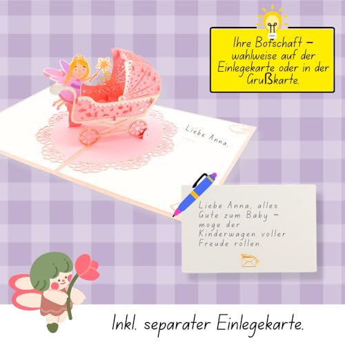 DORAFIORA® Pop-Up Karte Baby – 3D Glückwunschkarte zur Geburt/Taufe | Feen-Kinderwagen | Für Jungen & Mädchen | Inkl. Umschlag (Baby Pink)