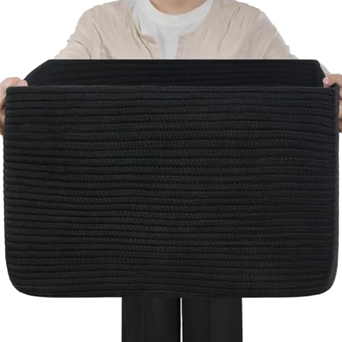 Optish 95L Large Woven Blanket Basket, Storage Basket with Handles, Black