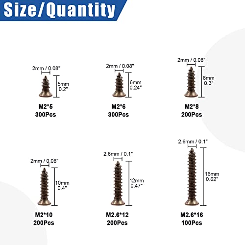 Glarks 1300 piezas tornillos pequeños de madera de 5mm a 16mm juego surtido con cabeza plana cruzada de bronce y acero carbono para muebles y decoración miniatura 2