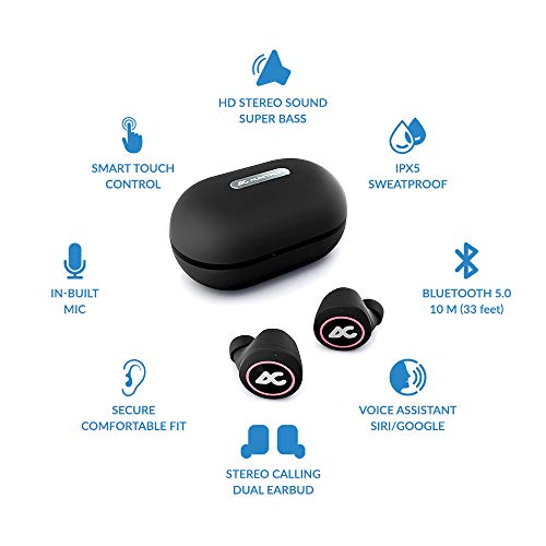 Image of AirBolt 505 True Wireless (TWS) Earbuds - Bluetooth 5.0, Full Touch Earphones, IPX5 Water Resistant, HD Stereo Sound, High Bass, InBuilt MIC, Upto 36 Hours Playtime with Charging Case (Pink + Black)