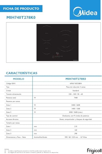 Miniatura 12 de Midea Placa Inducción 3 Fuegos 60 Cm 7400 W - Vitroceramica Induccion Integrada Con Panel De Control Tactil, Inverter Quattro, 9 Niveles De Potencia, Booster, Indicador De Luz, Y Temporizador