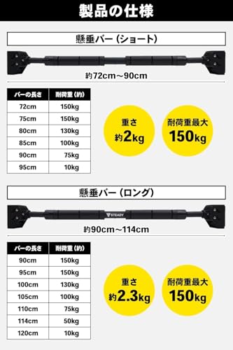 STEADY 懸垂バー【簡単設置/耐荷重150kg/工具不要のワンタッチロック】ぶら下がり健康器 懸垂棒 懸垂マシン ドアジム チンニングバー 懸垂 背筋 pull up bar 懸垂器具 懸垂台 筋トレグッズ 自宅 ST124 ブラック&レッド 8枚目