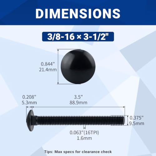 Image of 3 /8-16 x 3-1 /2 inch Black Carriage Bolts with Nuts and Washers Kits (8 Sets), 304 Stainless Steel 18 /8, Black Finish, Round Head, Square Neck, Heavy Duty Bolts, Indoor Outdoor Fastening Bolts, Fayeploo