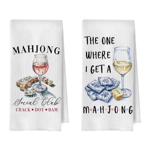 BlissfulAbon Mahjong Kitchen Towels Set - Mahjong Party Gifts Decorative Waffle Weave Dish Towel, Hand Towel, Tea Towel, Friendship Gifts, 16x24 Inch Set of 2