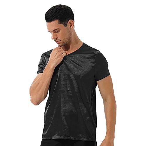 ACSUSS Men Shiny Satin V Neck Short Sleeve Solid Color T-Shirt Loose Pajamas Crop Tops Sleepwear2
