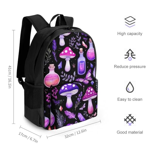 Gothic Magic Witch Witchy Trippy Purple Mushrooms Rucksacks Lightweight Multipurpose Anti-Theft Shoulder Bag Big Capacity Traveling & Camping Backpack With Side Pockets2