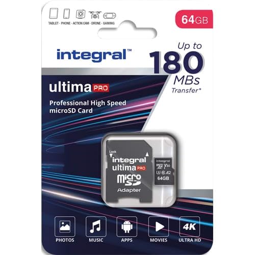 Integral 64 GB Micro SD Karte 4K Video Lesegeschwindigkeit 180 MB/s und Schreibgeschwindigkeit 45 MB/s MicroSDXC A2 C10 U3 UHS-I 180-V30 Unsere schnellste High Speed Micro SD Speicherkarte