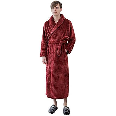 ANUFER Unisexo Hombres Mujer Gruesa Franela Bata de Baño Cuello Chal Cálida Larga Invierno Albornoz Borgoña Cover