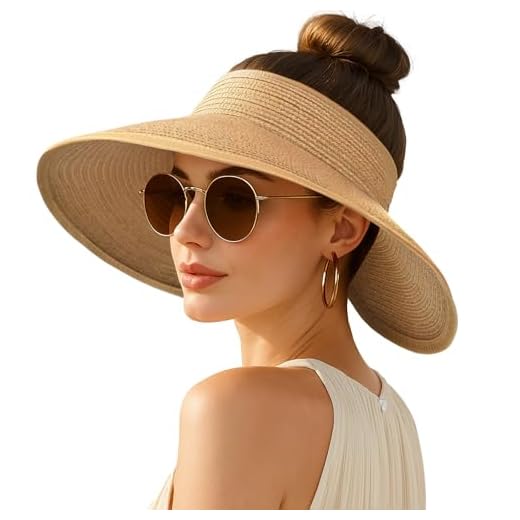 Women's Sun Visor Hats Wide Brim Straw Beach Hat Ponytail Hats for Women Foldable Floppy