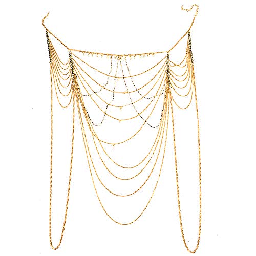 MJartoria Bikini Beach Crossover Harness Rhinestone Statement Necklace Body Chain Shoulder Jewelry (gold color)