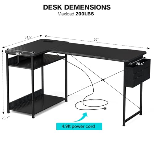 Image of Acrolix L Shaped Gaming Desk 55 Inch - Computer Corner Desk with Power Outlets, Reversible Shelves & Storage Bag for Home Office, PC Gaming Table, Black Carbon