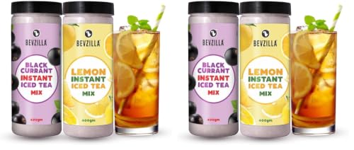 Image of Bevzilla Blackcurrant & Lemon Instant Ice Tea Powder - 400g x 2 | Refreshing Summer Flavor Iced Tea Drink| Instant & Easy to Prepare (Pack of 2)