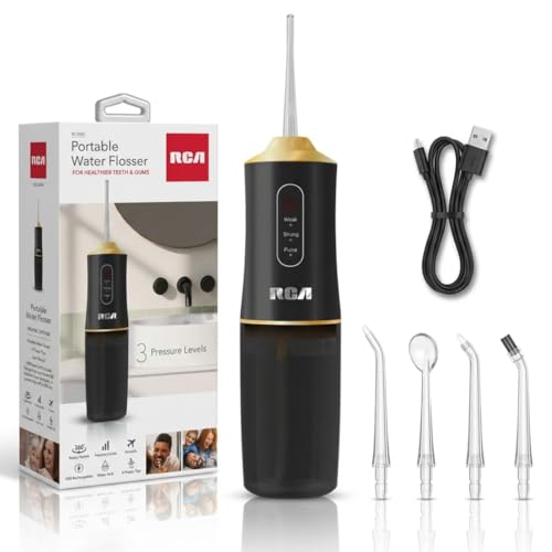 RCA Portable Water Flosser for Teeth & Gums – Cordless Rechargeable Oral Irrigator with 3 Pressure Levels, 4 Jet Tips & USB Tank – Travel Water Flosser for Teeth Cleaning (Black)