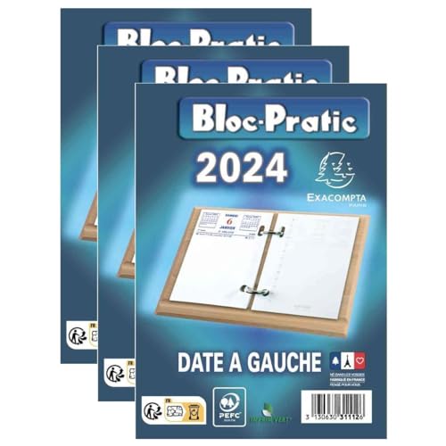 EXACOMPTA Lot de 3 Bloc-pratics éphéméride 120 x 82 mm date à gauche