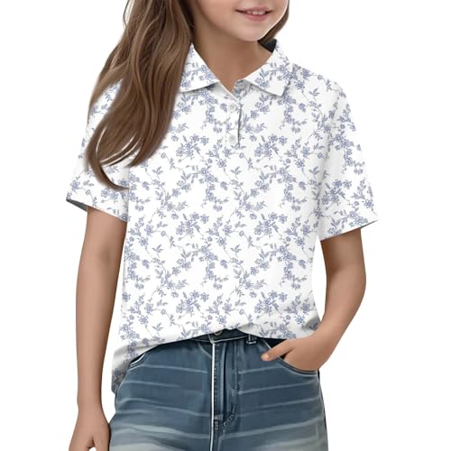 Girls' Polo Shirts Short Sleeve School Uniform Floral Print Casual Button Down Top Soft Tee Summer Outfits