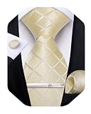 Picture of DiBanGu Silk Ties for Men Formal Plaid Check Necktie and Pocket Square Cufflinks Tie Clip Set Wedding Necktie with Gift Box, Light Yellow