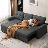 Panana 3 Seater Universal Sofabed, Pull Out Sleeper Corner Couch Bed with Storage Chaise. Black Faux Leather (Gray Linen Fabric #2)